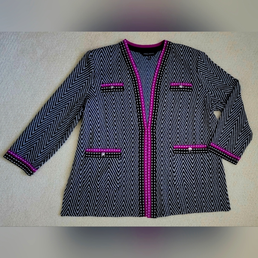 Ming Wang Women's Black and Pink Chevron Jacket